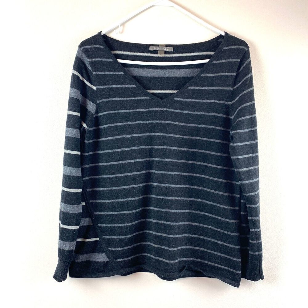Smartwool Merino Blend V Neck Sweater Womens S Black Gray Stripe Baselayer Ski
